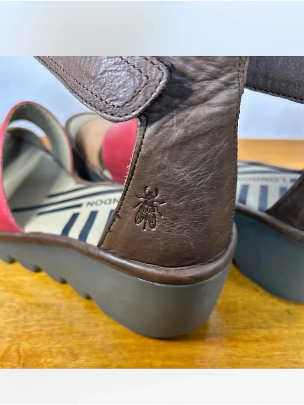 Fly London Red and Brown Leather Wedge Sandals